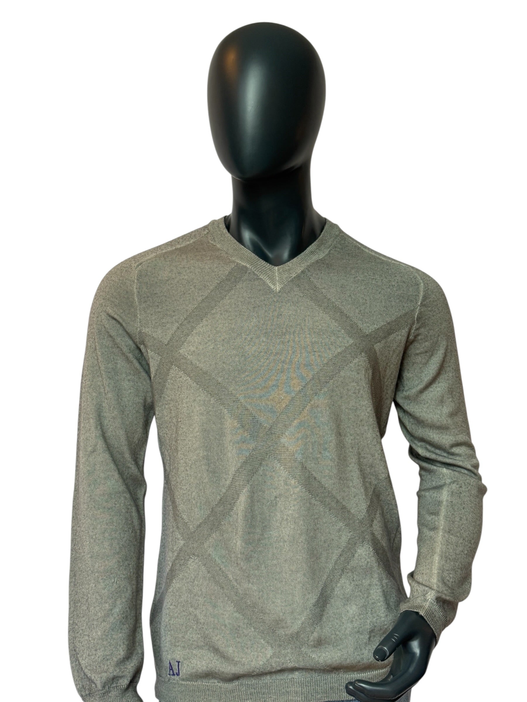 ARMANI JEANS Vintage Style Knit Sweater Grey, Pattern Design, V-Neck, Slim Fit