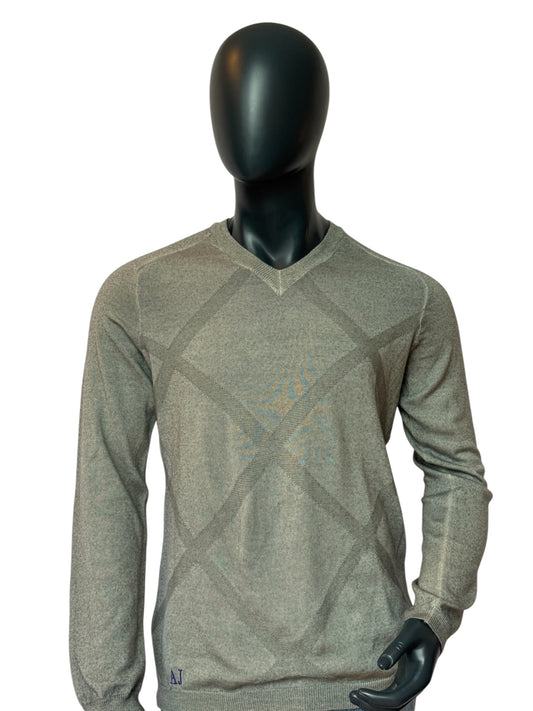ARMANI JEANS Vintage Style Knit Sweater Grey, Pattern Design, V-Neck, Slim Fit
