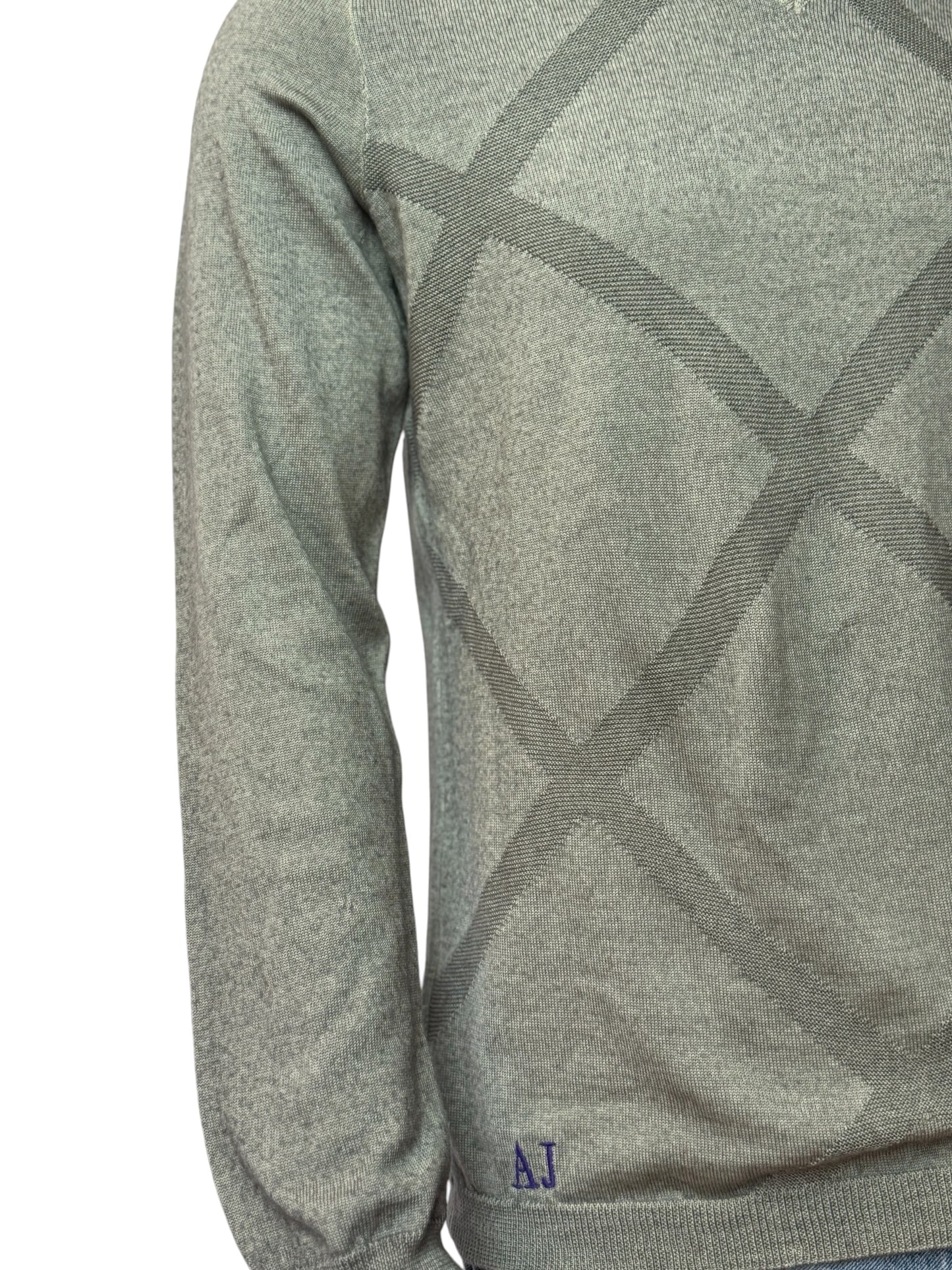 ARMANI JEANS Vintage Style Knit Sweater Grey, Pattern Design, V-Neck, Slim Fit, Size XL