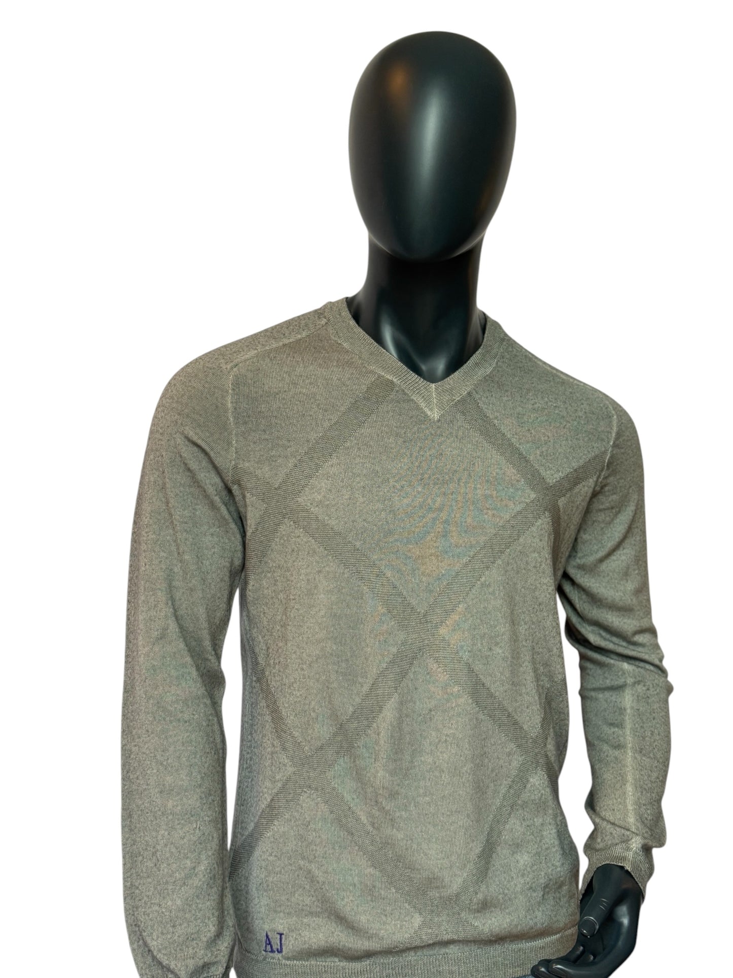 ARMANI JEANS Vintage Style Knit Sweater Grey, Pattern Design, V-Neck, Slim Fit, Size XL