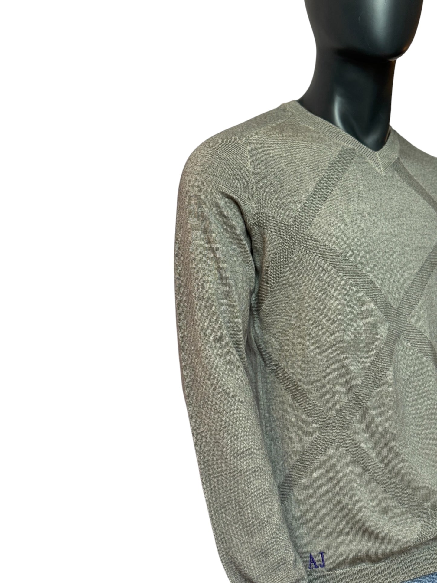 ARMANI JEANS Vintage Style Knit Sweater Grey, Pattern Design, V-Neck, Slim Fit, Size XL