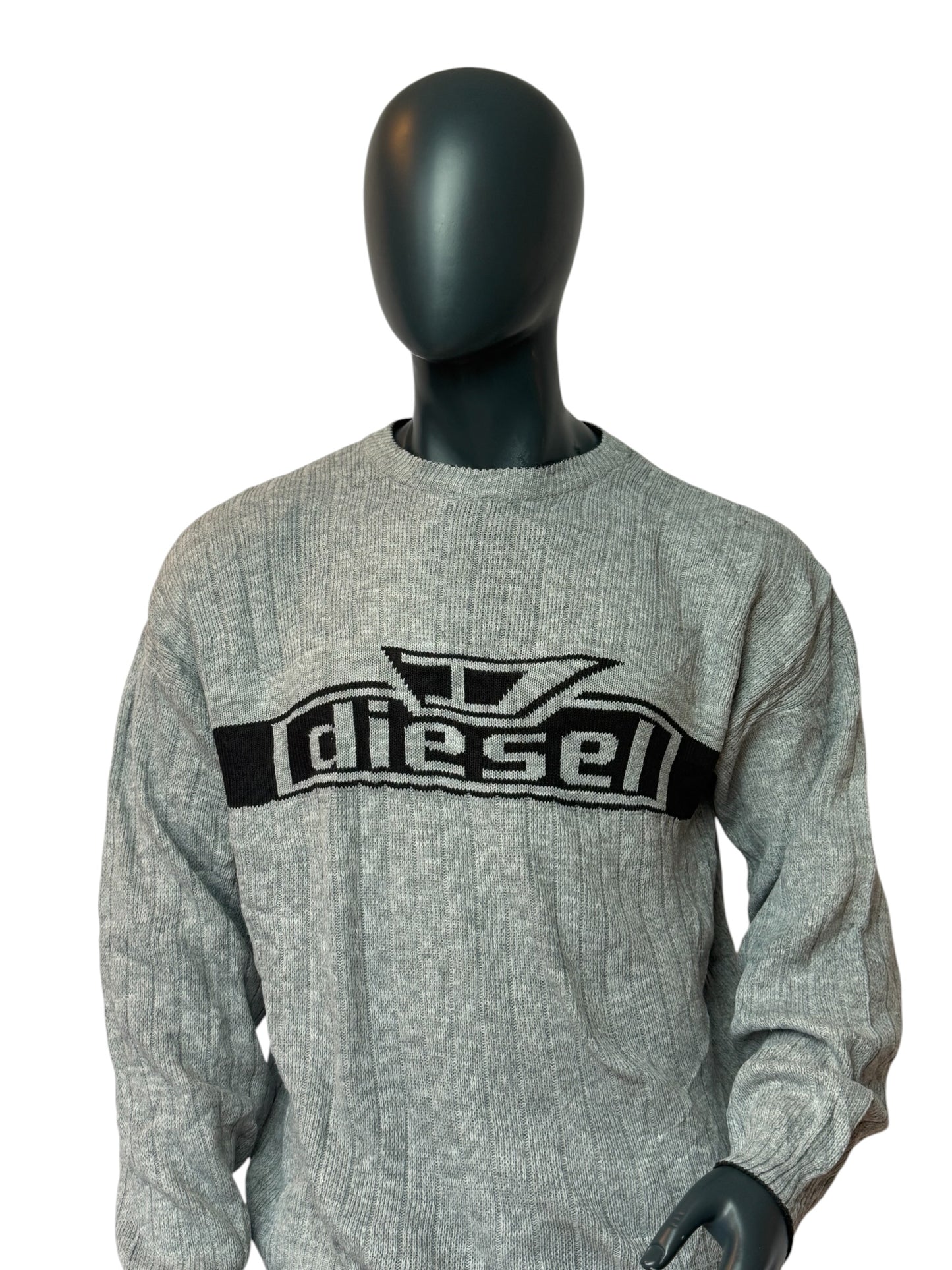 DIESEL Vintage Style Knit Sweater Grey Logo Pullover Crewneck Size L
