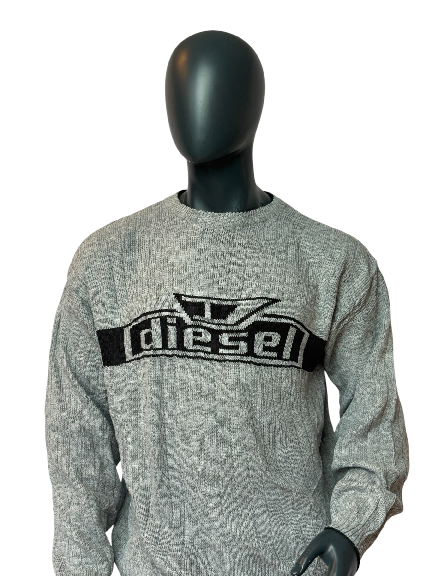 DIESEL Vintage Style Knit Sweater Grey Logo Pullover Crewneck