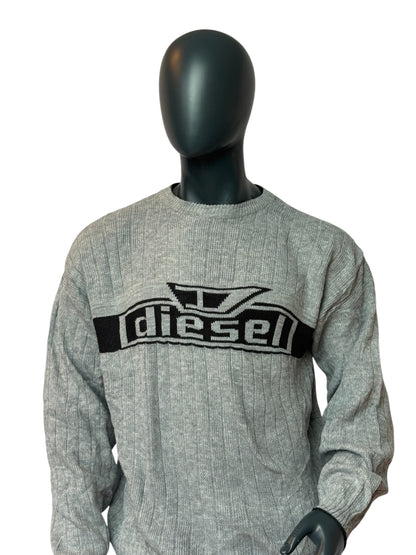 DIESEL Vintage Style Knit Sweater Grey Logo Pullover Crewneck Size L