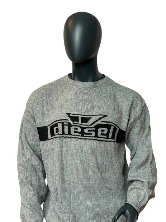 DIESEL Vintage Style Knit Sweater Grey Logo Pullover Crewneck