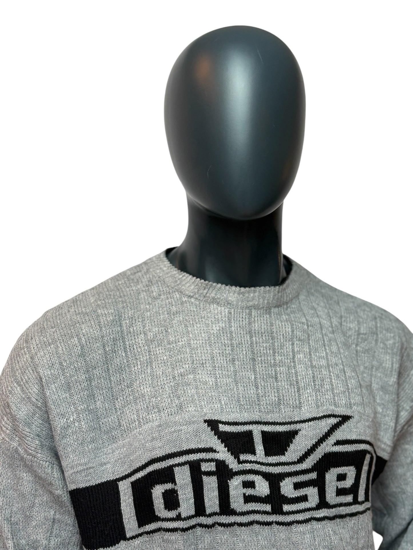 DIESEL Vintage Style Knit Sweater Grey Logo Pullover Crewneck Size L