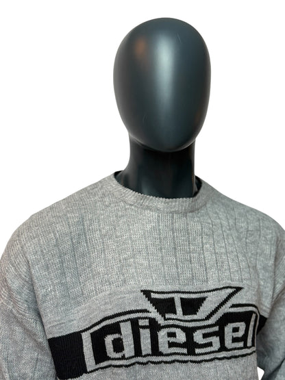 DIESEL Vintage Style Knit Sweater Grey Logo Pullover Crewneck Size L