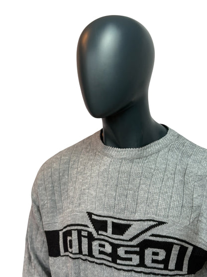 DIESEL Vintage Style Knit Sweater Grey Logo Pullover Crewneck Size L