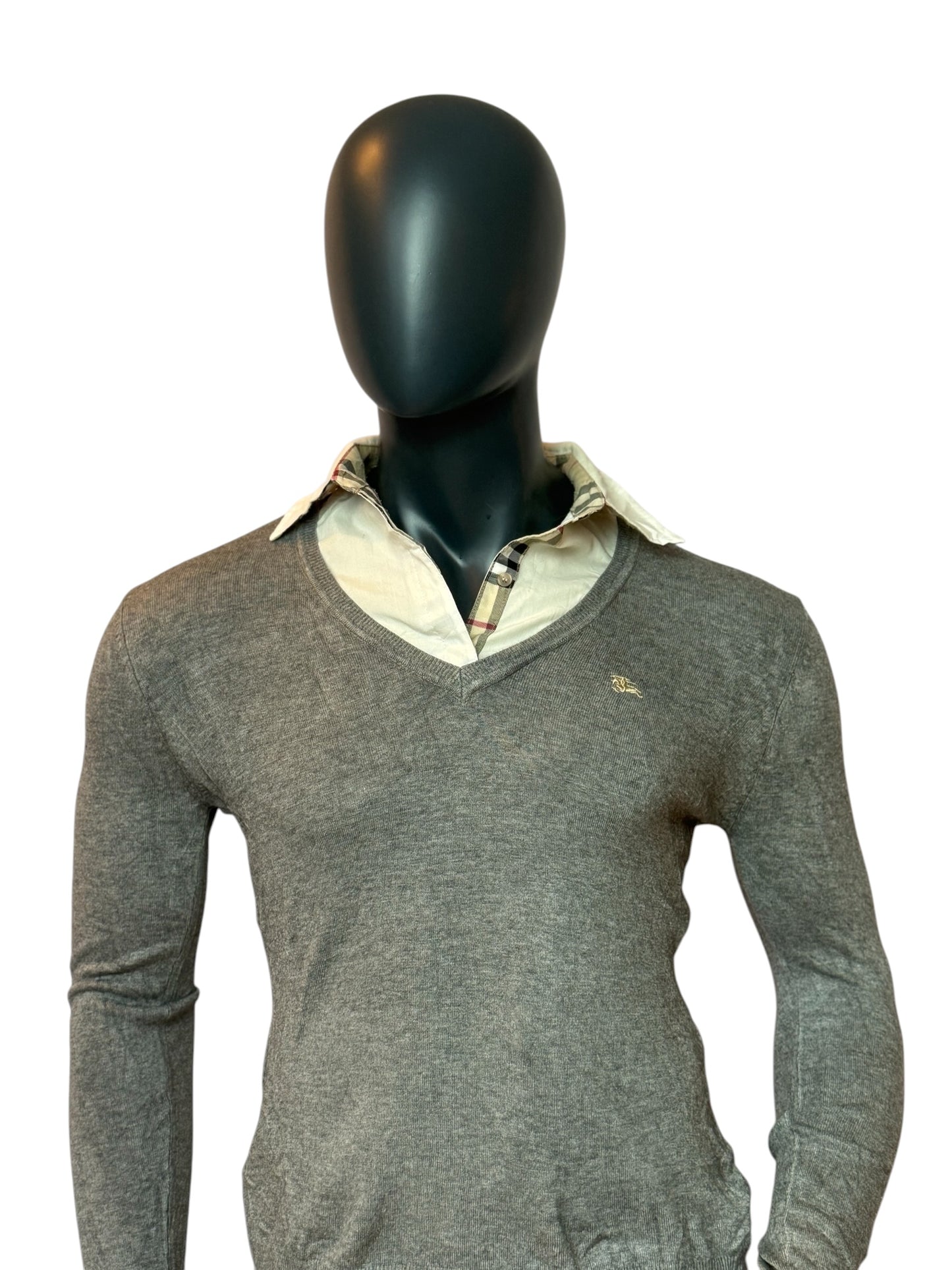 BURBERRY Vintage Style Knit Sweater Grey V Neck Women