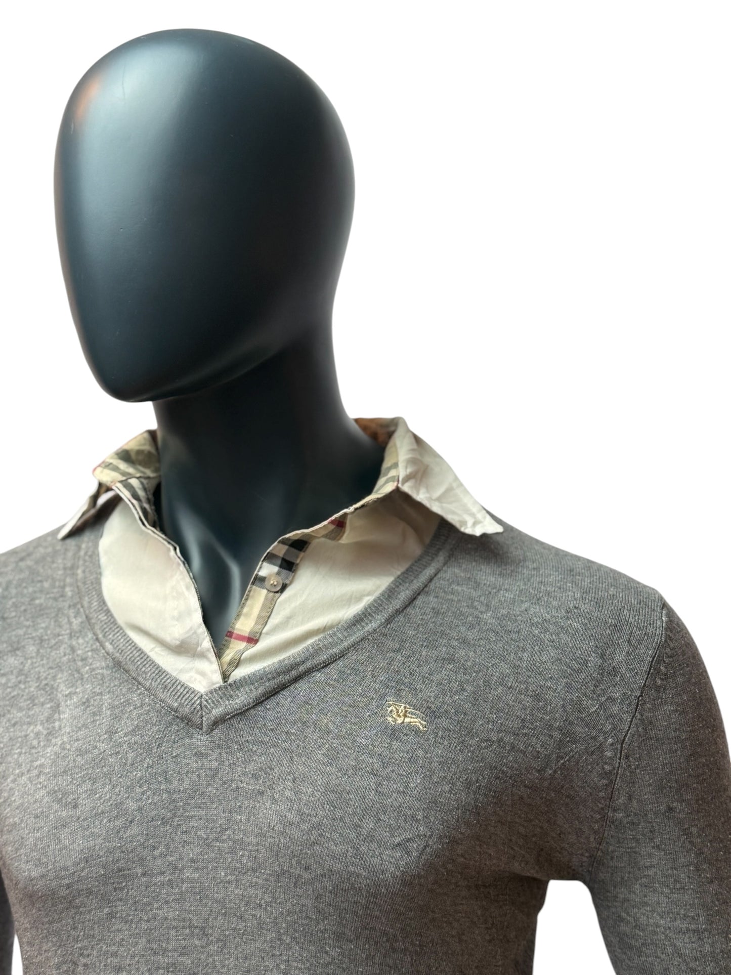 BURBERRY Pull tricoté style vintage col V gris femme taille M