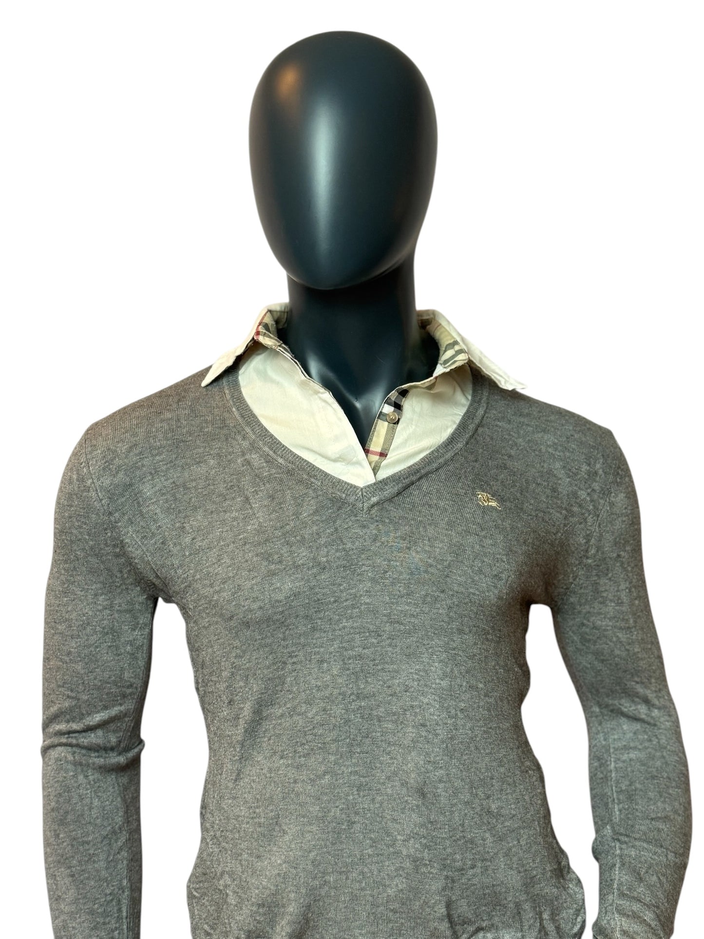 BURBERRY Pull tricoté style vintage col V gris femme taille M