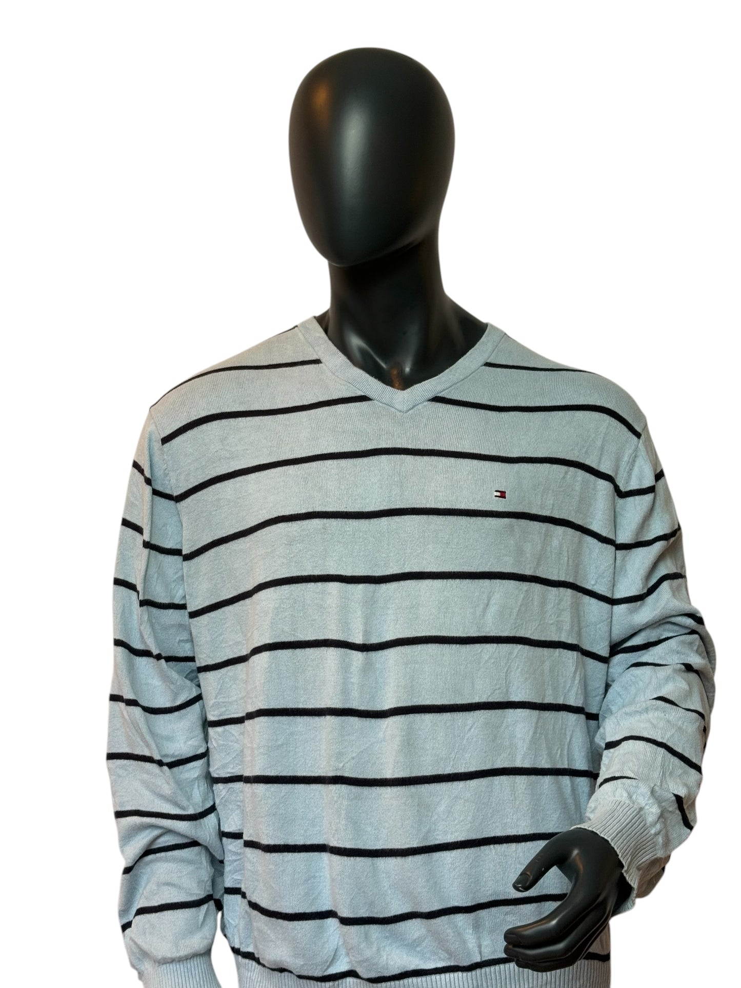 TOMMY HILFIGER Vintage Sweater Grau Streifen V-Neck Size XL
