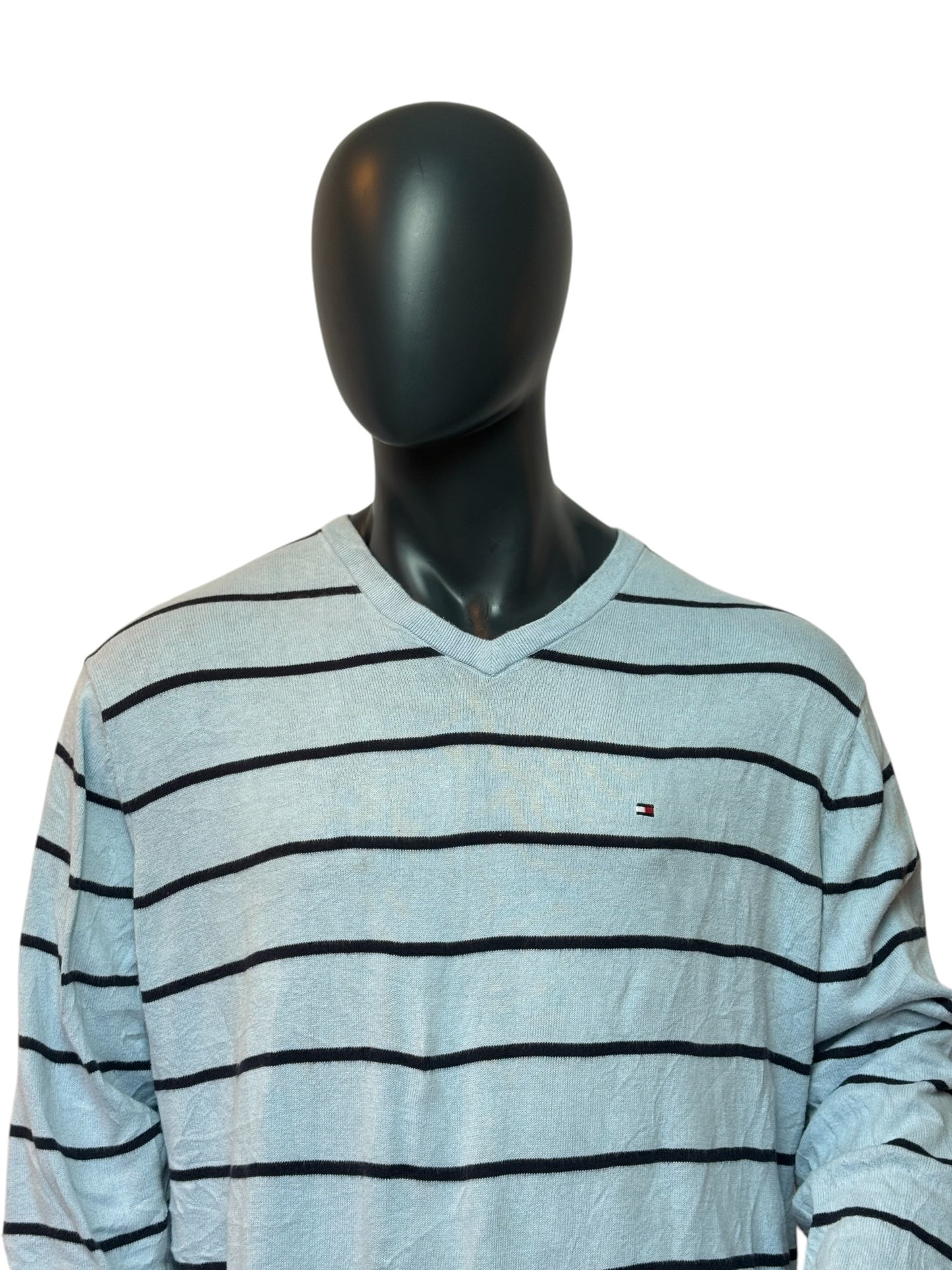 TOMMY HILFIGER Vintage Sweater Grau Streifen V-Neck Size XL