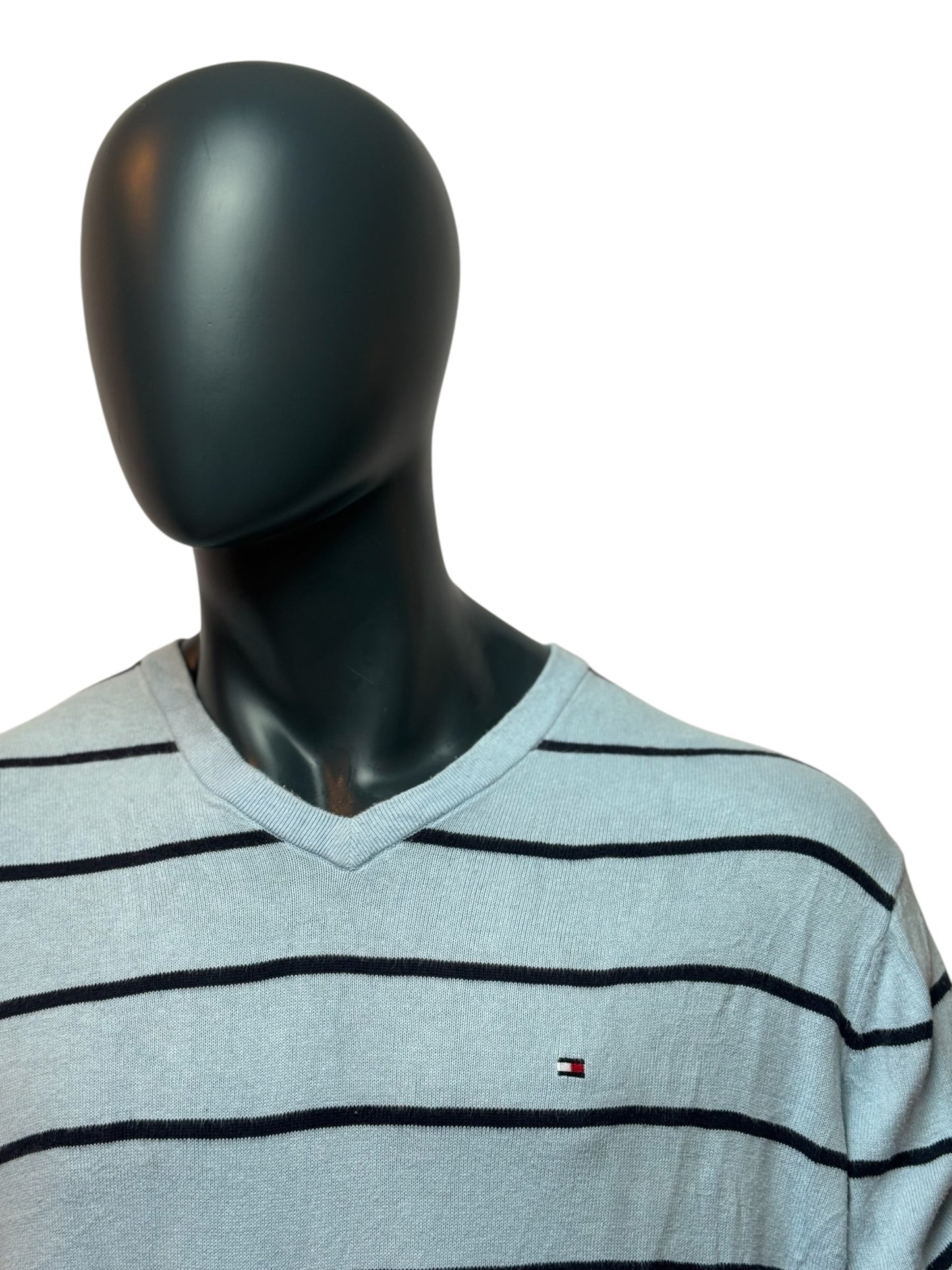 TOMMY HILFIGER Vintage Sweater Grau Streifen V-Neck Size XL