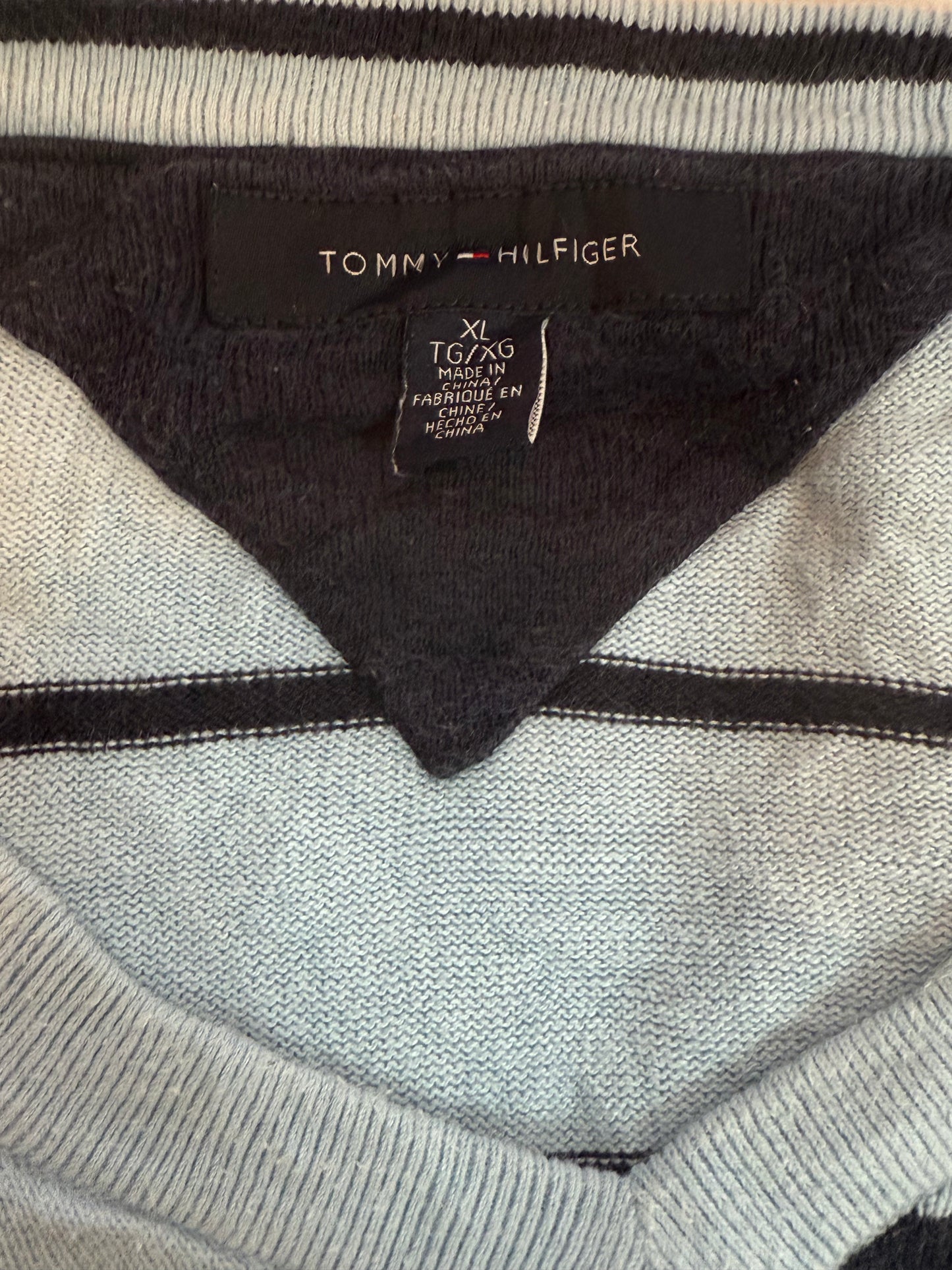 TOMMY HILFIGER Vintage Sweater Grau Streifen V-Neck Size XL