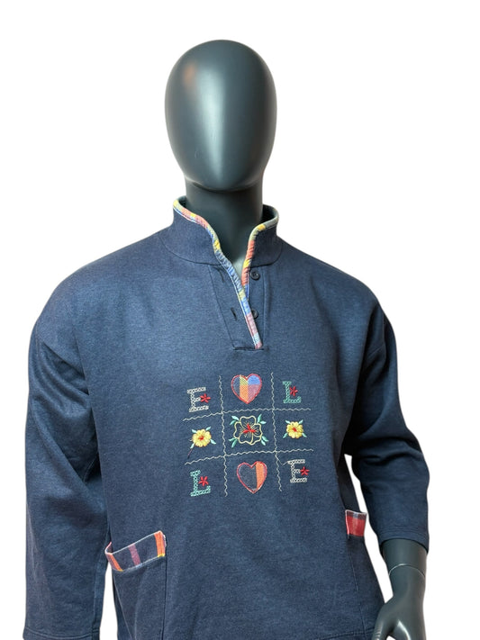 Vintage Sweatshirt Navy Stickerei Floral Love Pattern Quarter Button