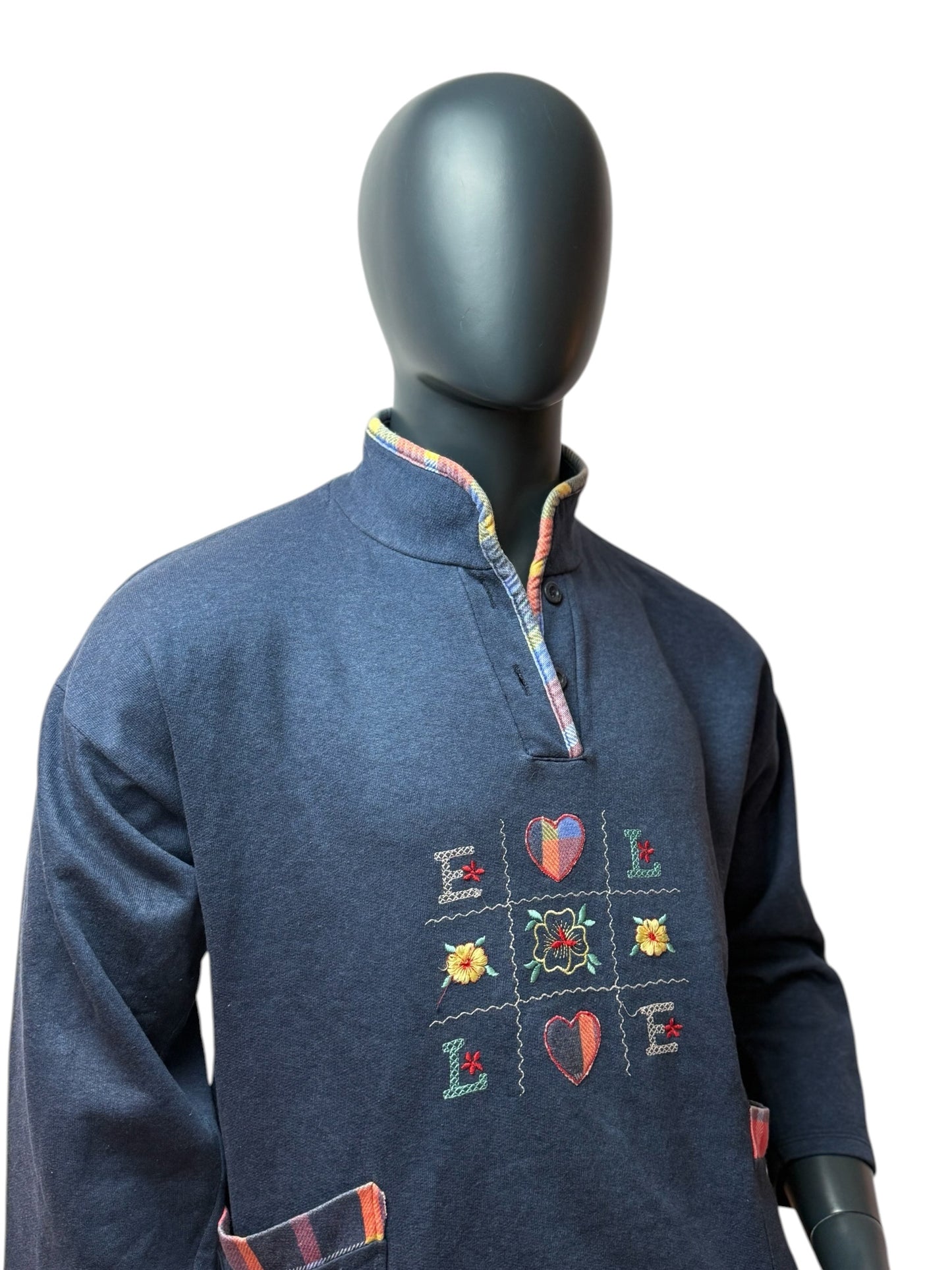 Vintage Sweatshirt Navy Stickerei Floral Love Pattern Quarter Button Size M