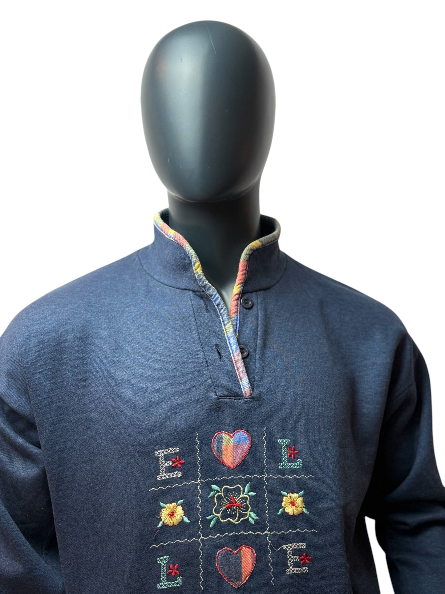 Vintage Sweatshirt Navy Stickerei Floral Love Pattern Quarter Button Size M