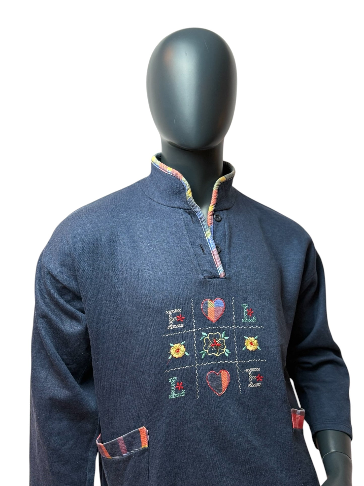 Vintage Sweatshirt Navy Stickerei Floral Love Pattern Quarter Button Size M