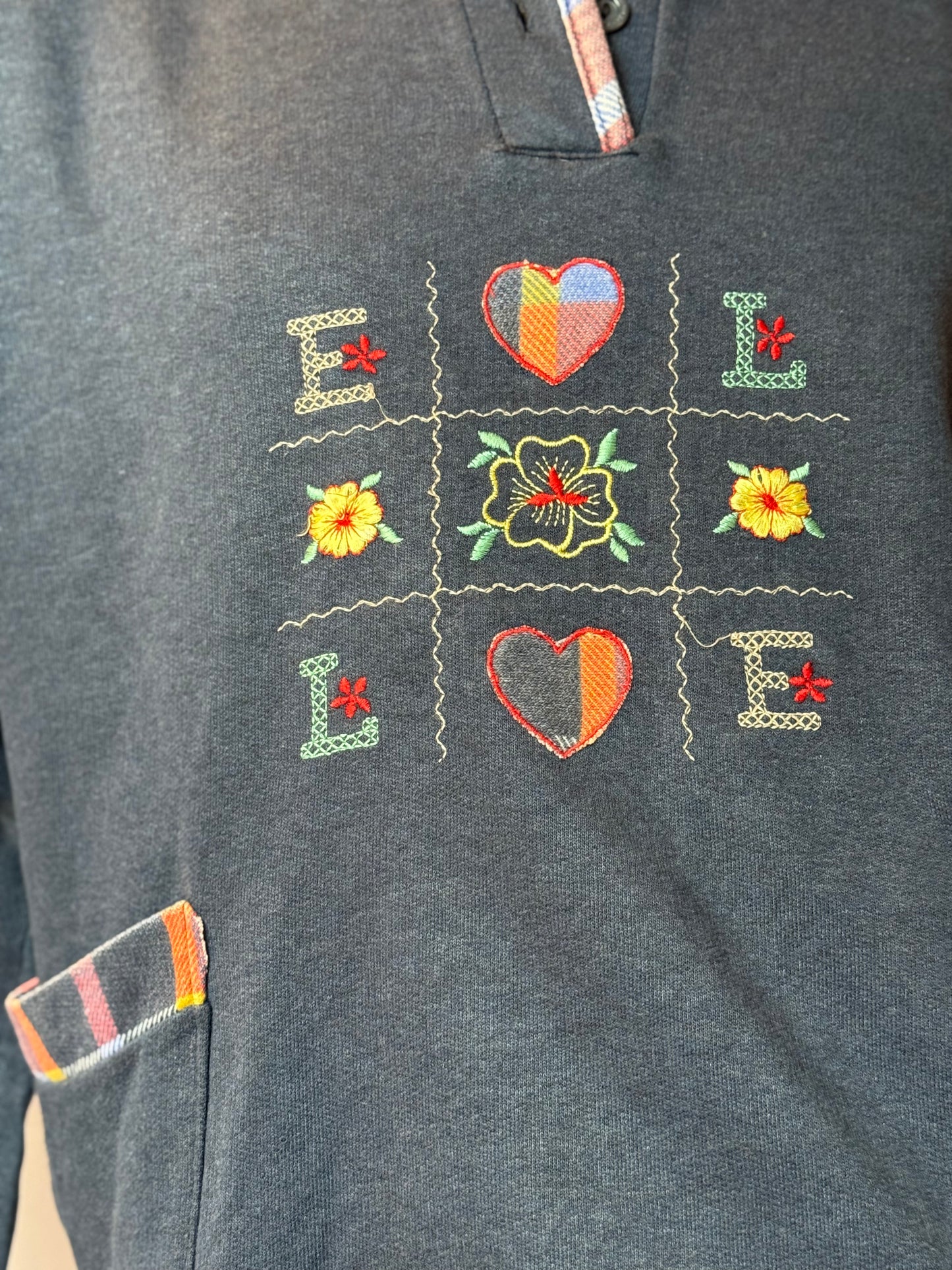 Vintage Sweatshirt Navy Stickerei Floral Love Pattern Quarter Button Size M