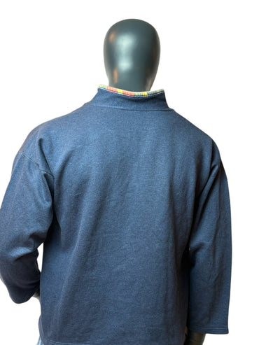Sweat-shirt vintage bleu marine broderie motif floral amour quart de bouton taille M