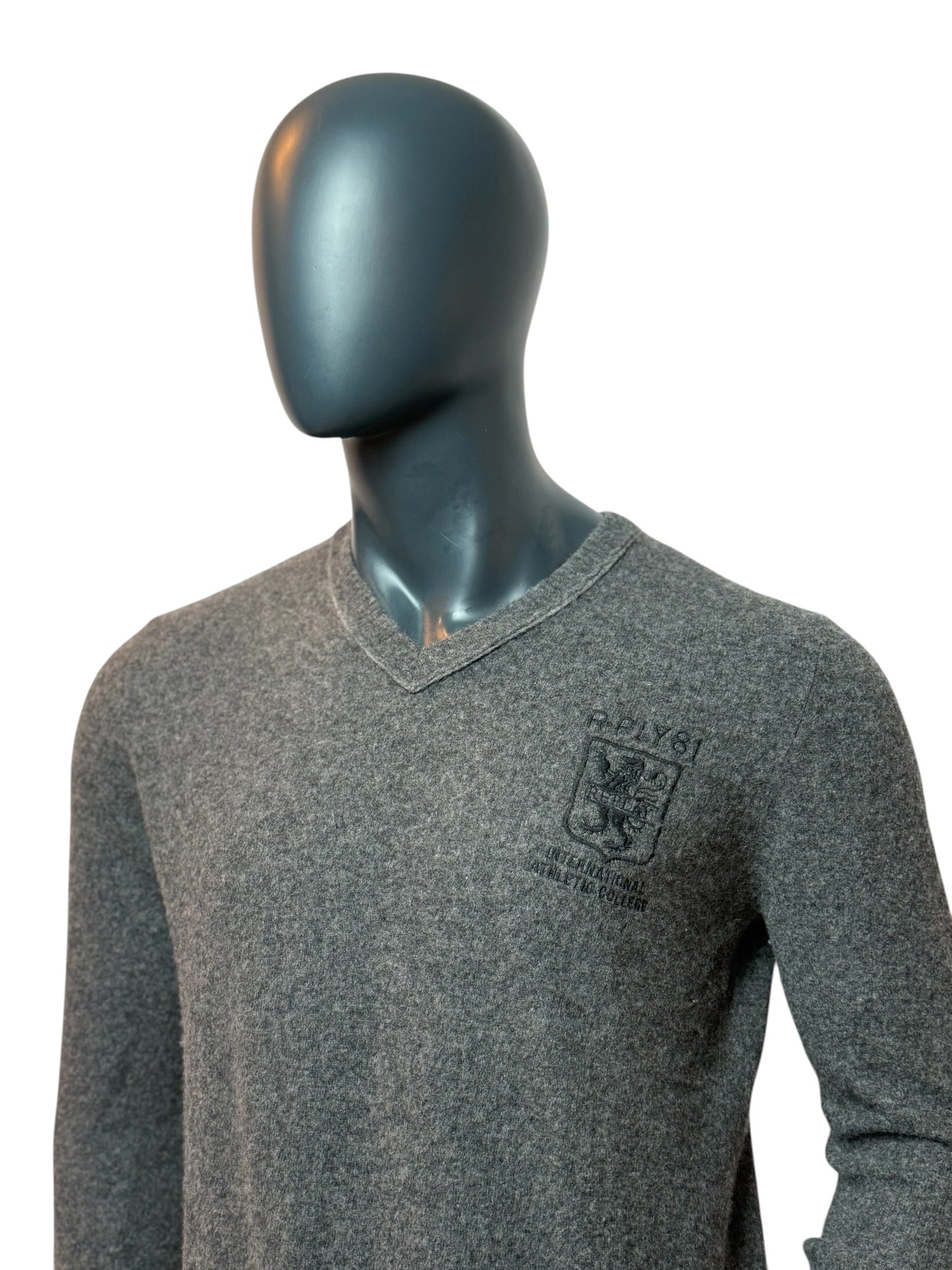 Vintage Replay V-Neck Pullover Grau Logo Stickerei Size L