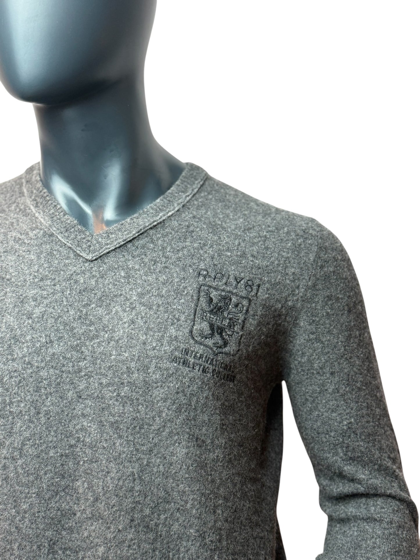 Vintage Replay V-Neck Pullover Grau Logo Stickerei Size L