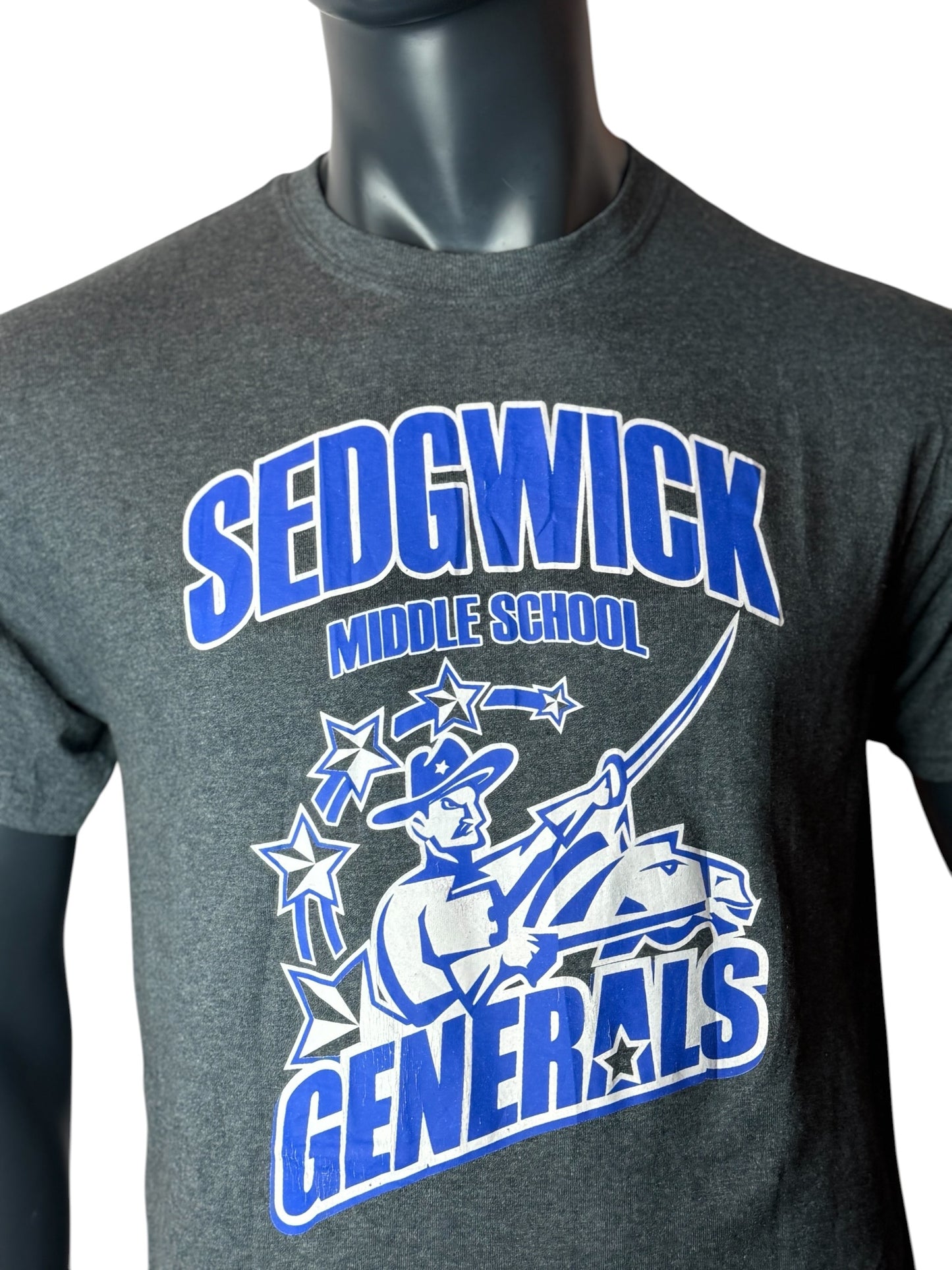 Sedgwick Generals Middle School T Shirt Grey Blue Graphic Tee Size M