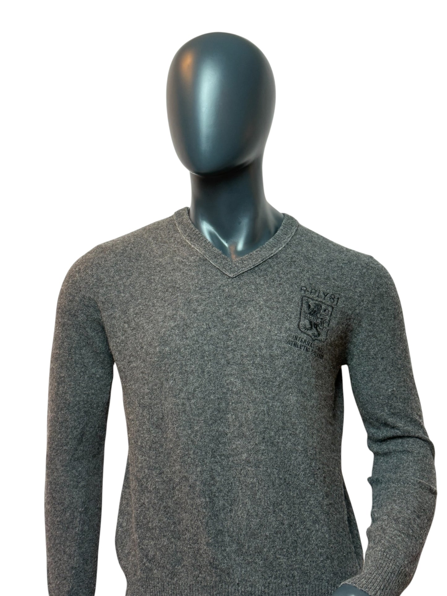 Vintage Replay V-Neck Pullover Grau Logo Stickerei Size L