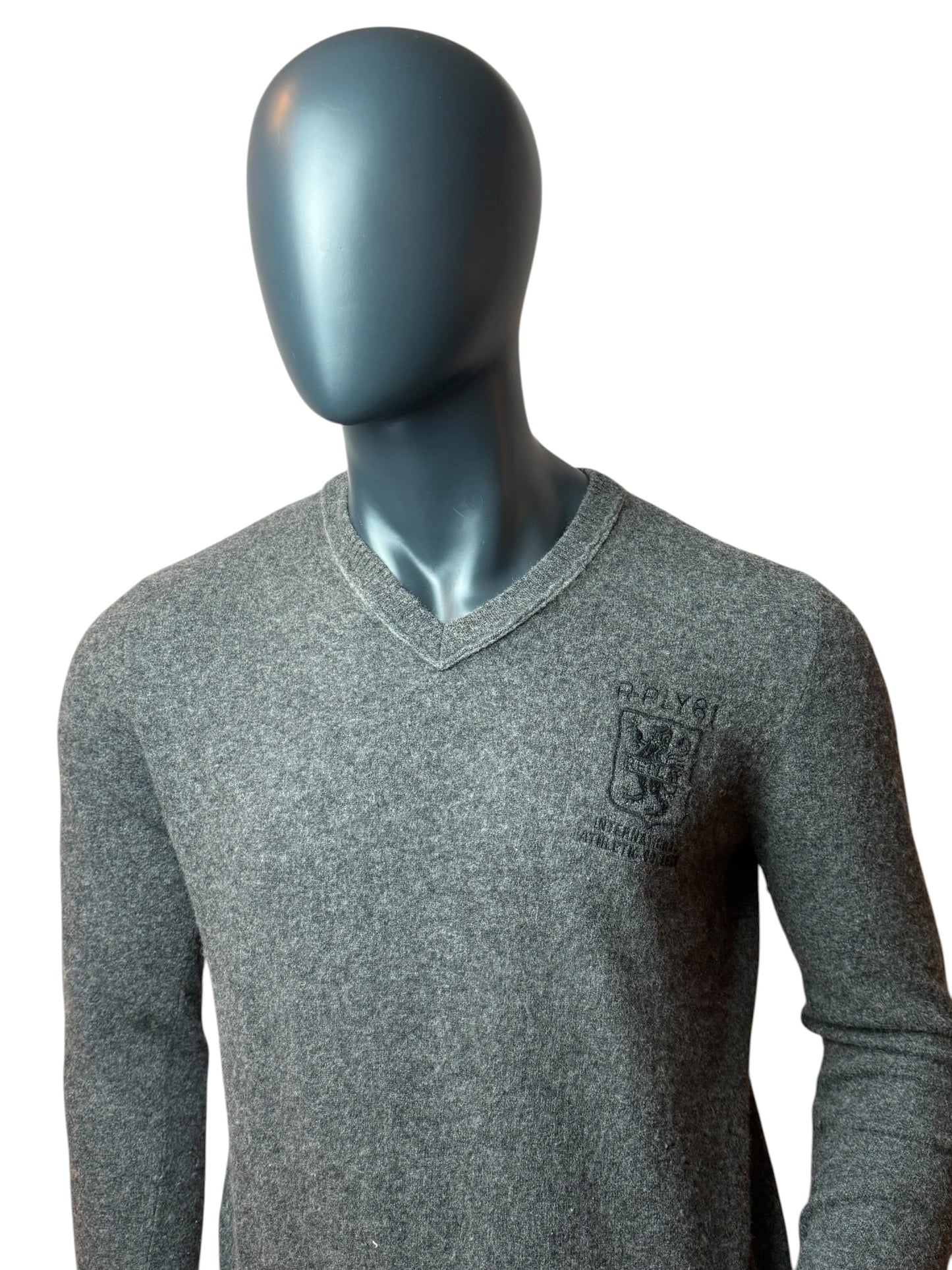 Vintage Replay V-Neck Pullover Grau Logo Stickerei Size L