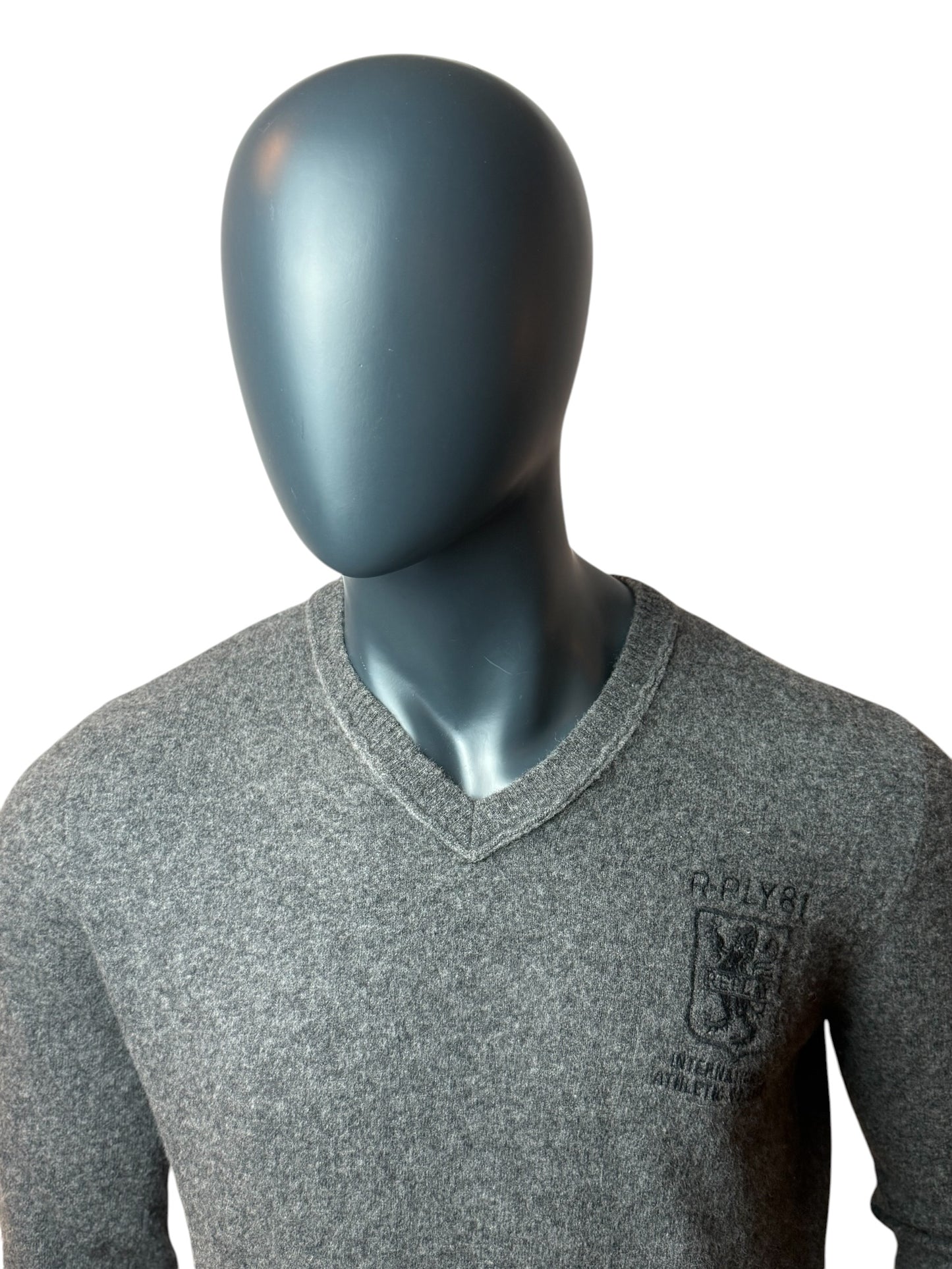Vintage Replay V-Neck Pullover Grau Logo Stickerei Size L