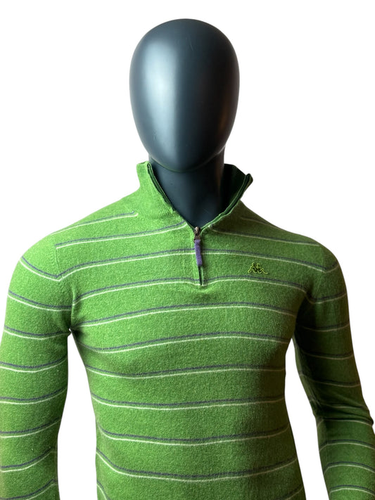 Vintage Kappa Half Zip Striped Pullover Grün Logo Stickerei, 100% Baumwolle