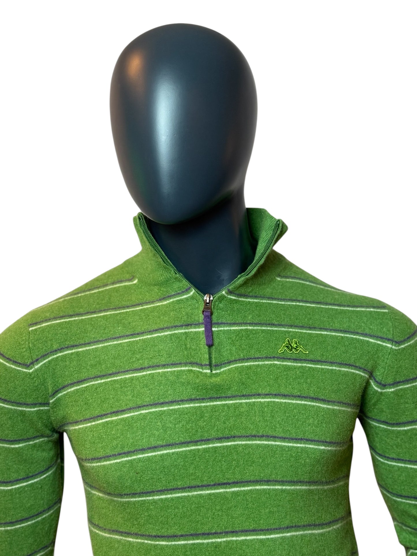 Vintage Kappa Half Zip Striped Pullover Grün Logo Stickerei, 100%Baumwolle Size S