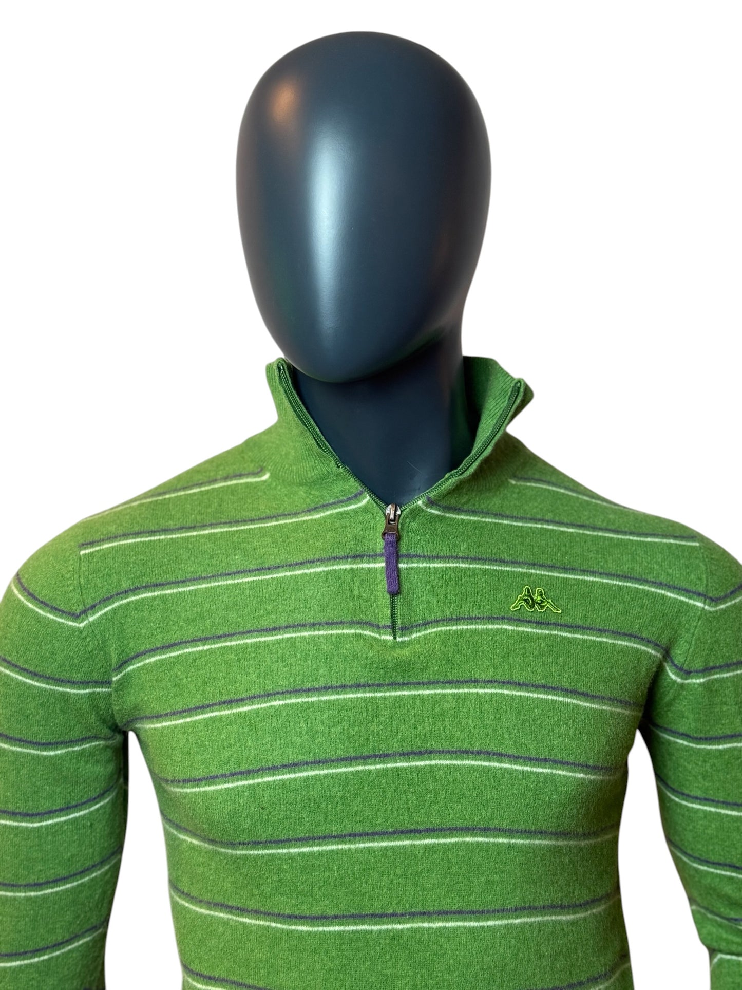 Vintage Kappa Half Zip Striped Pullover Grün Logo Stickerei, 100%Baumwolle Size S