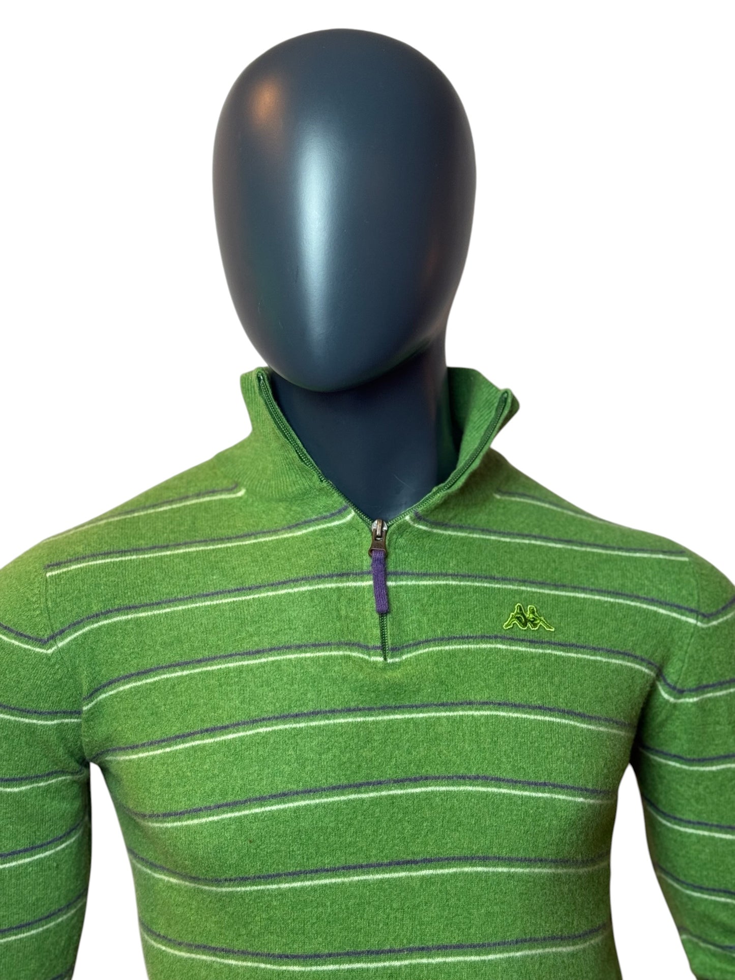 Vintage Kappa Half Zip Striped Pullover Grün Logo Stickerei, 100%Baumwolle Size S