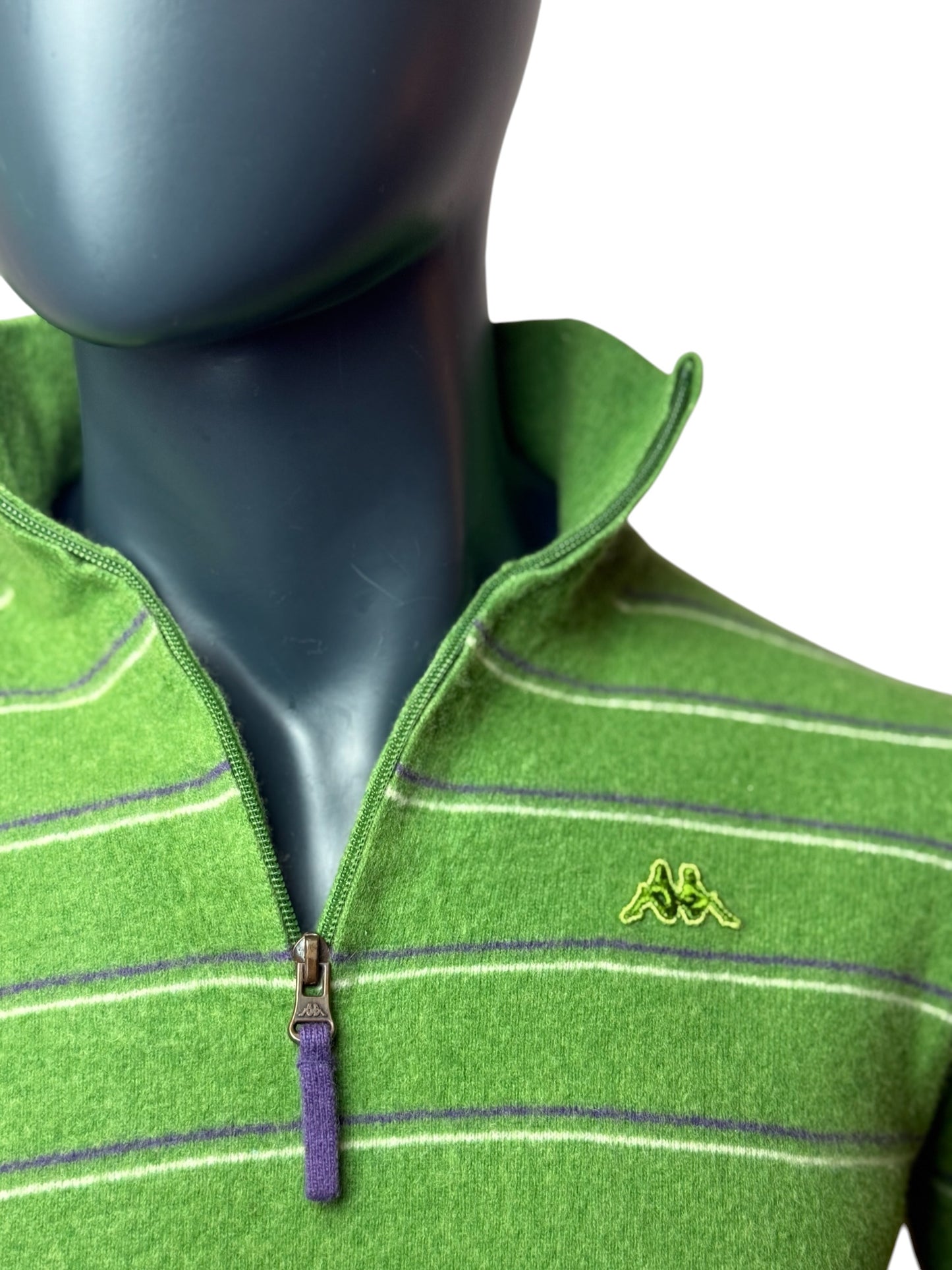 Vintage Kappa Half Zip Striped Pullover Grün Logo Stickerei, 100%Baumwolle Size S