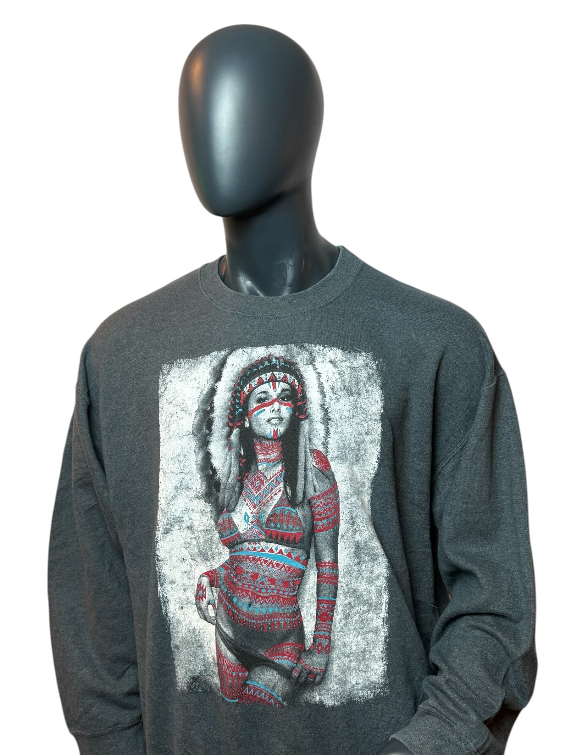 Vintage Graphic Crewneck Sweatshirt Grau Print Native Style Streetwear Baumwolle