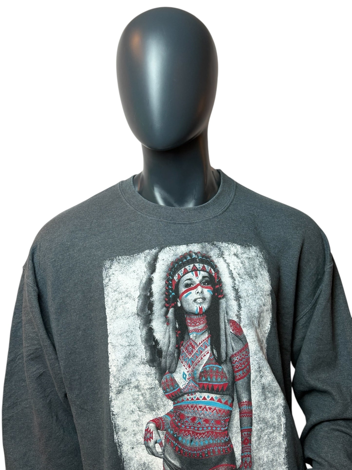 Vintage Graphic Crewneck Sweatshirt Grau Print Native Style Streetwear Baumwolle Size XL