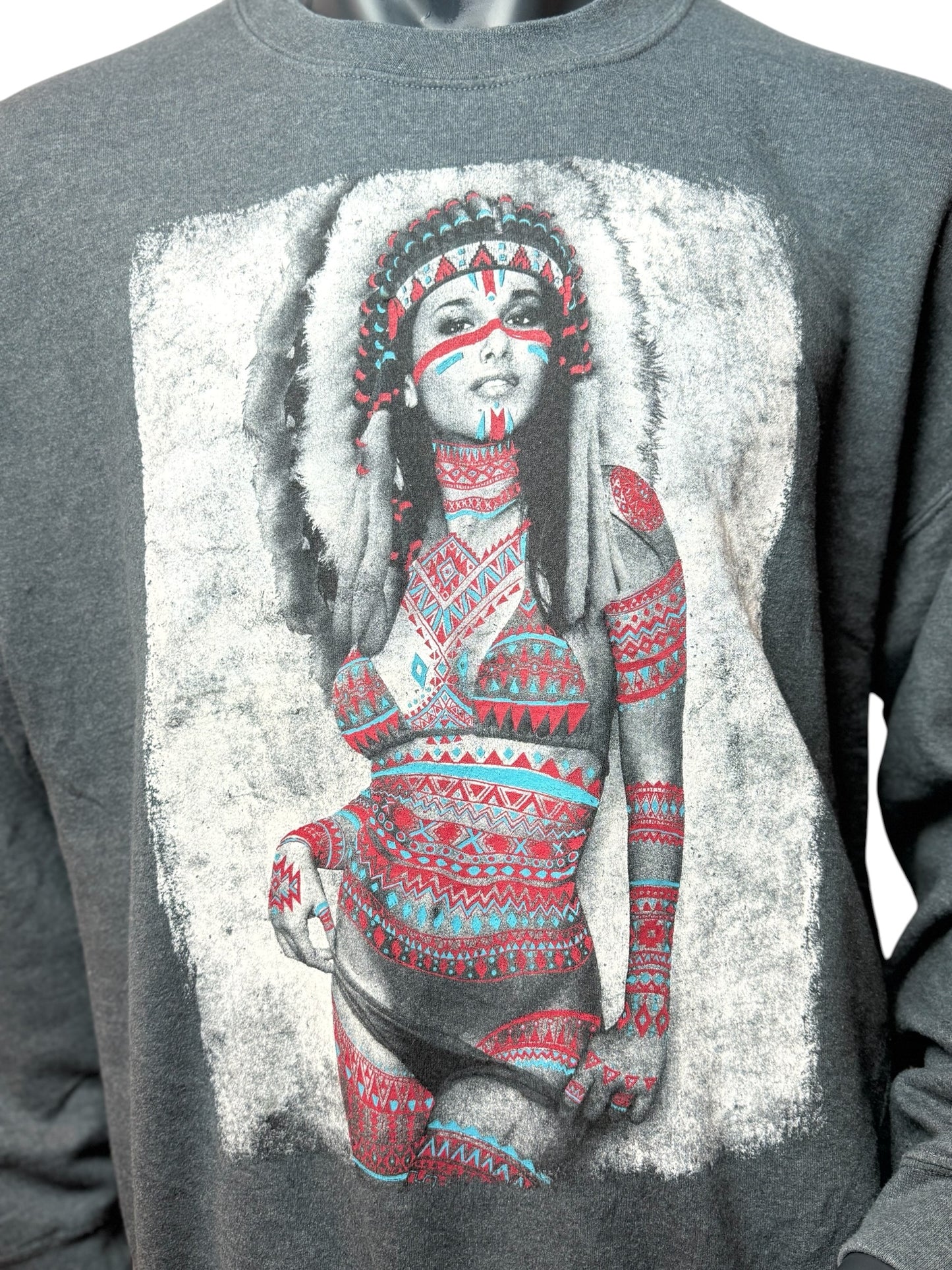 Vintage Graphic Crewneck Sweatshirt Grau Print Native Style Streetwear Baumwolle Size XL