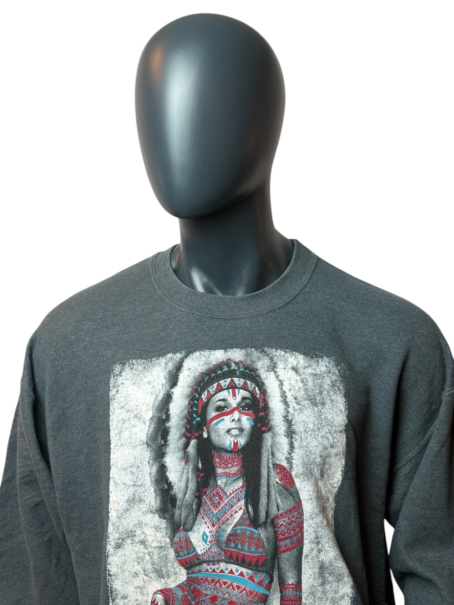 Vintage Graphic Crewneck Sweatshirt Grau Print Native Style Streetwear Baumwolle Size XL