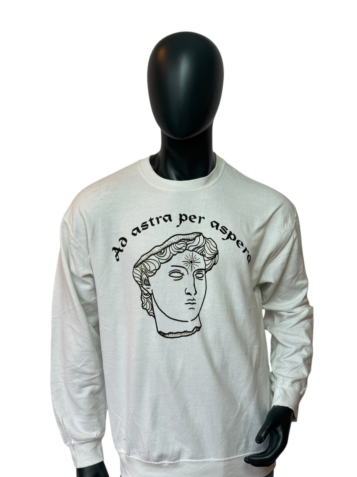 Vintage Statue Graphic Crewneck Weiß “Ad Astra Per Aspera” Minimal Streetwear Size L