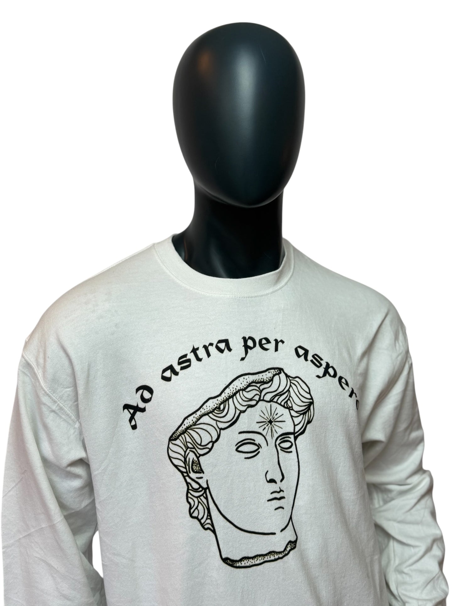 Vintage Statue Graphic Crewneck Weiß “Ad Astra Per Aspera” Minimal Streetwear Size L