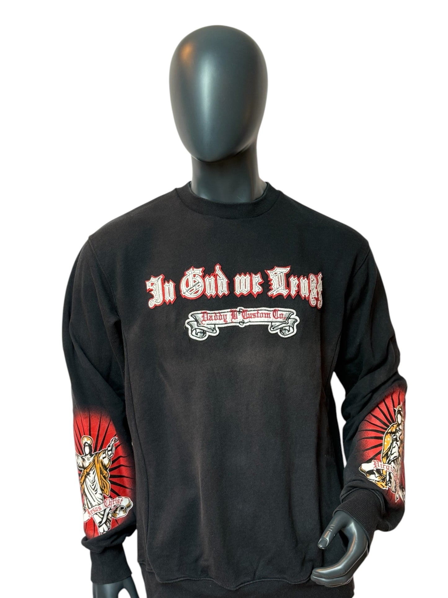 Vintage In God We Trust Crewneck Schwarz Graphic Sweater Streetwear L