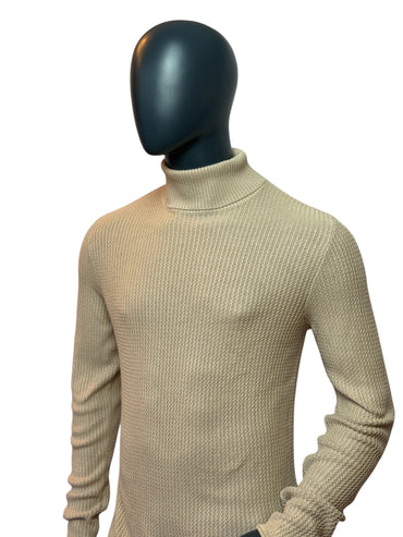 Pull vintage col roulé beige tricot minimaliste classique M