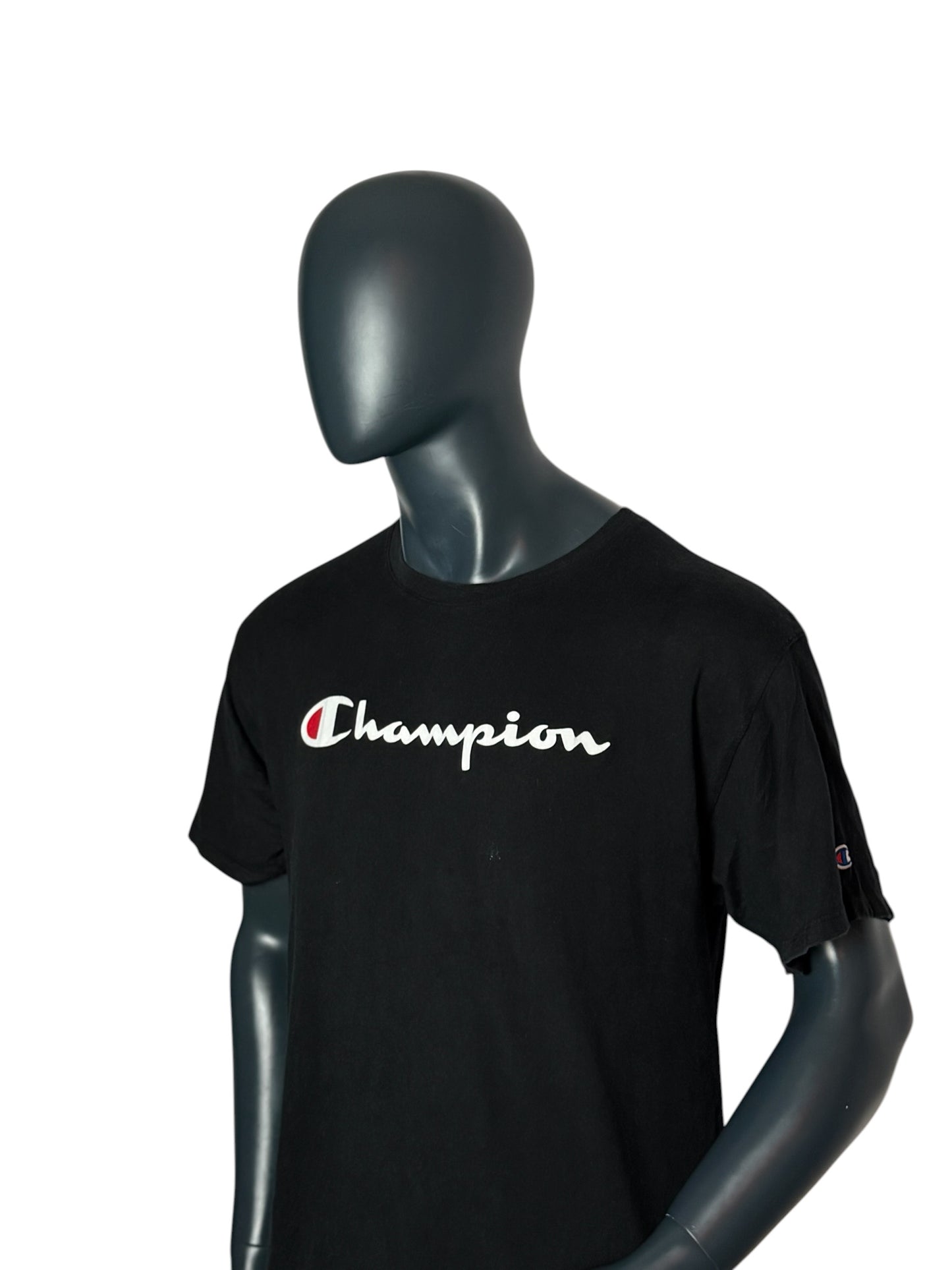 Vintage Retro Champion Script Logo T Shirt Black Size L