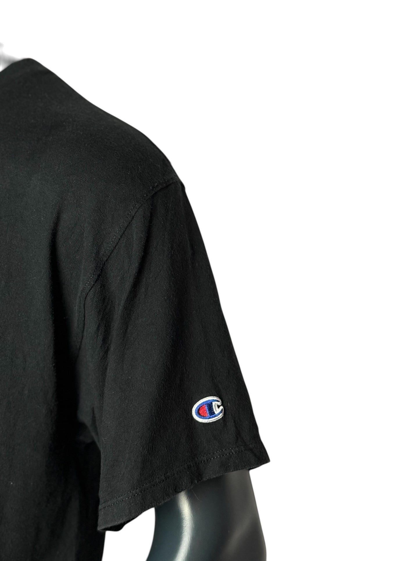Vintage Retro Champion Script Logo T Shirt Black Size L