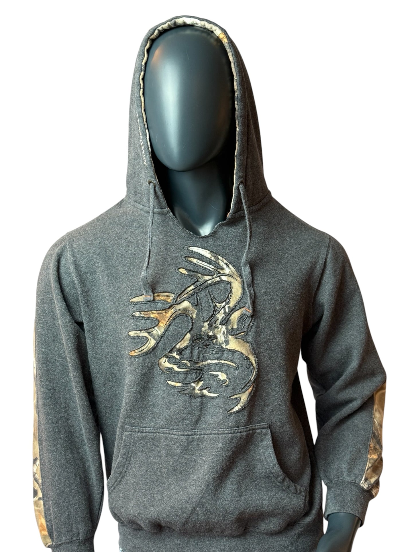 Vintage Hoodie Grau Deer Hunting Camo Retro Graphic Sweater M