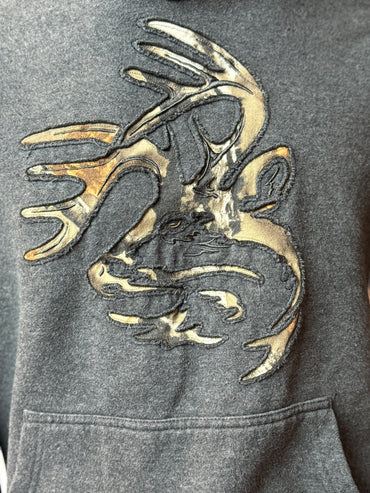 Sweat à capuche vintage gris camouflage chasse cerf graphique rétro M