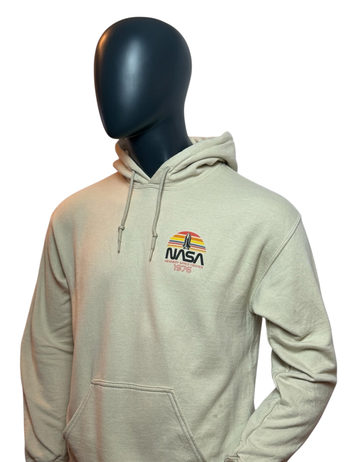 Vintage NASA Hoodie Beige 1976 Print Space Retro Streetwear Size L
