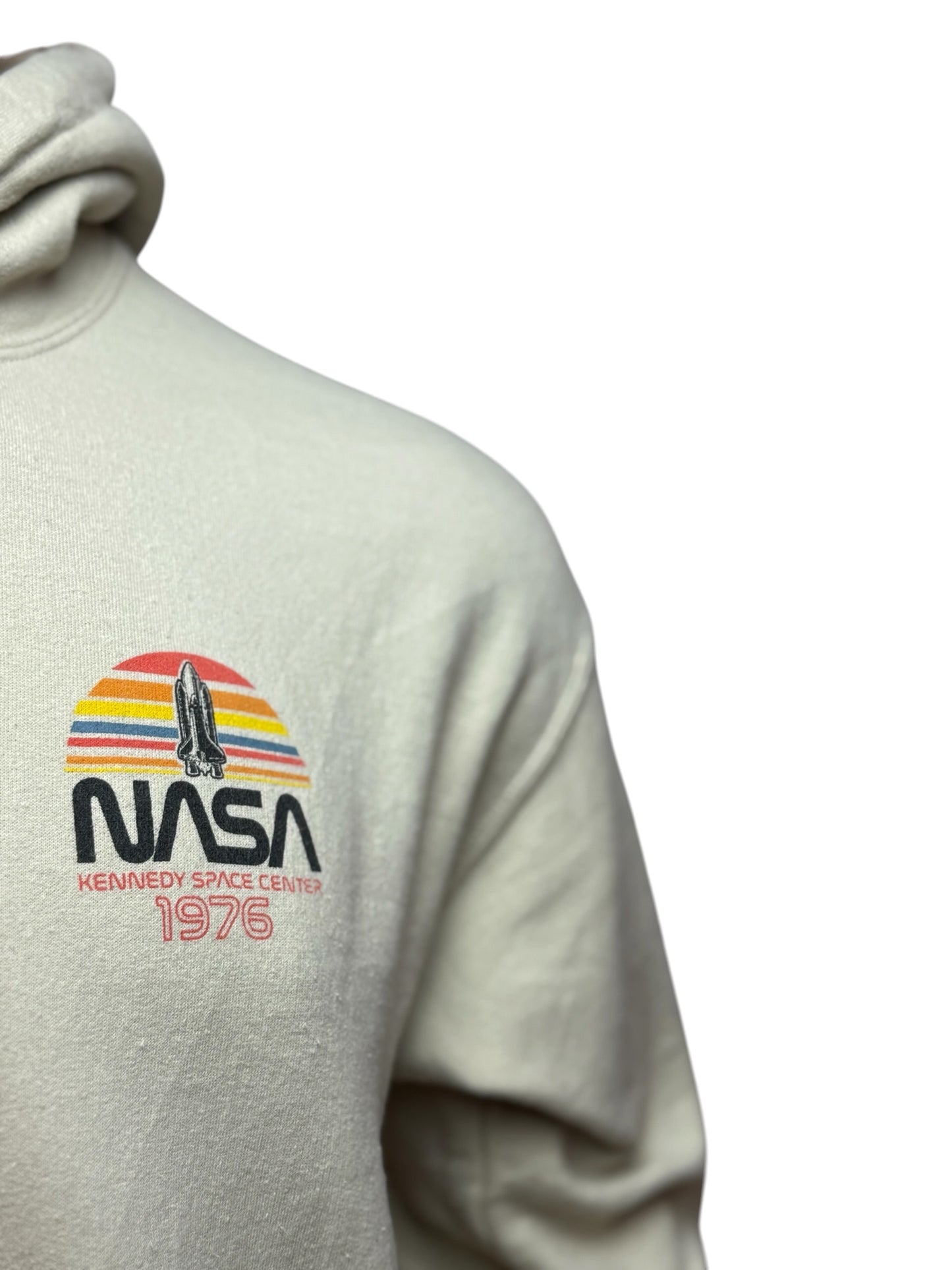 Vintage NASA Hoodie Beige 1976 Print Space Retro Streetwear Size L
